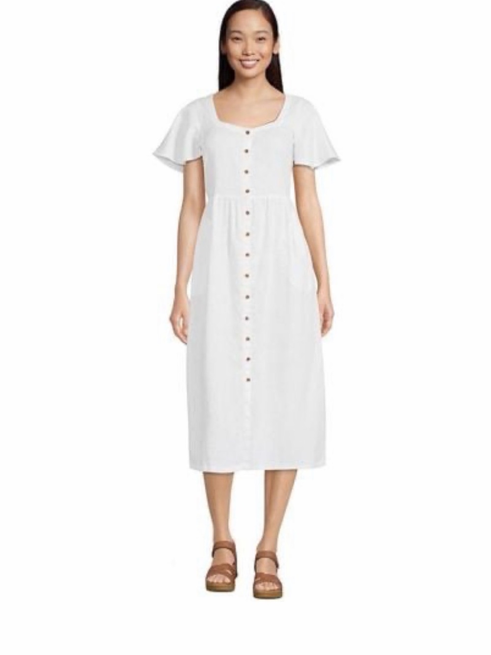 Lands' End White Button-Front Midi Dress